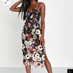 Lulu's Black 3D Floral Lace Up MIDI Dress - Size XXL